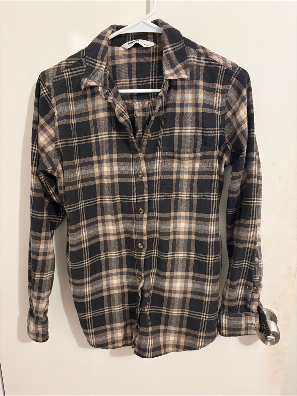 Sonoma Women’s Black and Tan Plaid Button-Down Shirt, small
